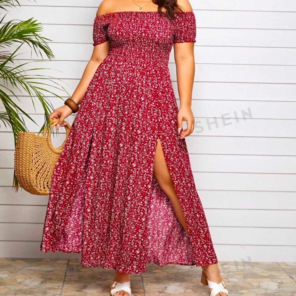 SHEIN Red and White Floral Shirred Split Dress